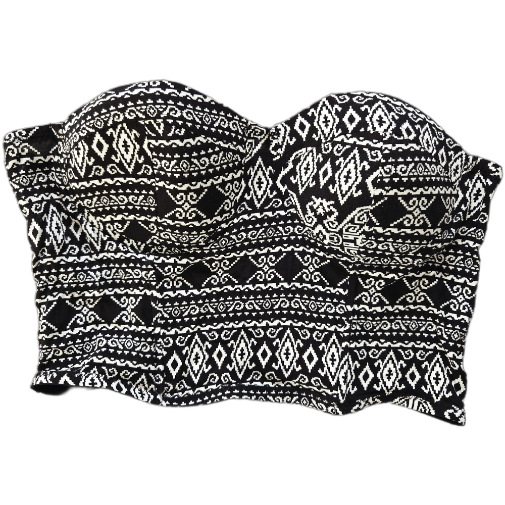 🖤 Black & White Tribal Print Strapless Bustier Crop Top | Size M (Fits S–M)